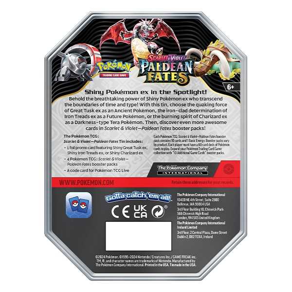 Pokémon TCG: Paldean Fates Booster Tin - Great Tusk/Iron Treads/Charizard