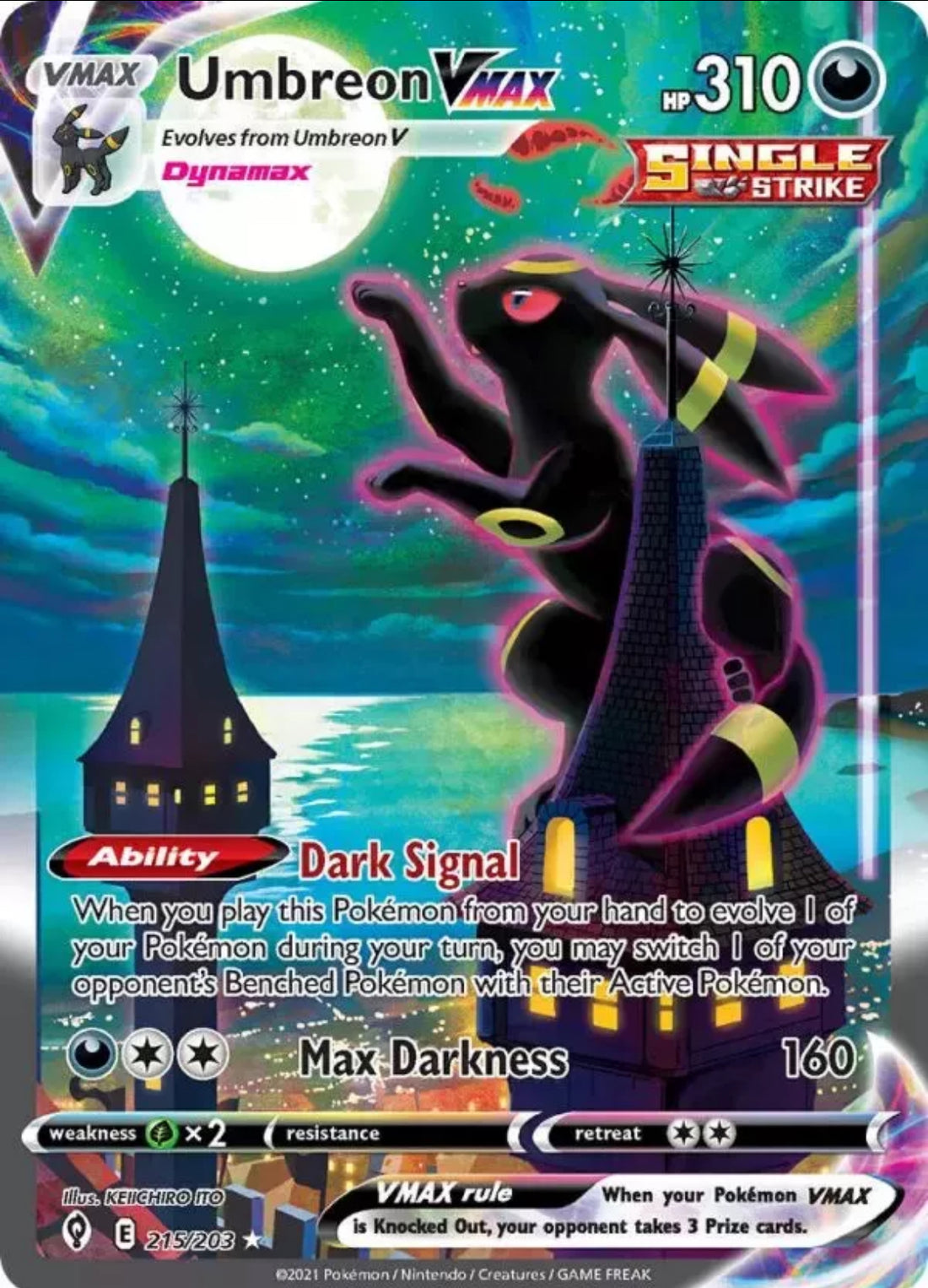 Umbreon Vmax from Evoliving Skies, also know as MoonBreon